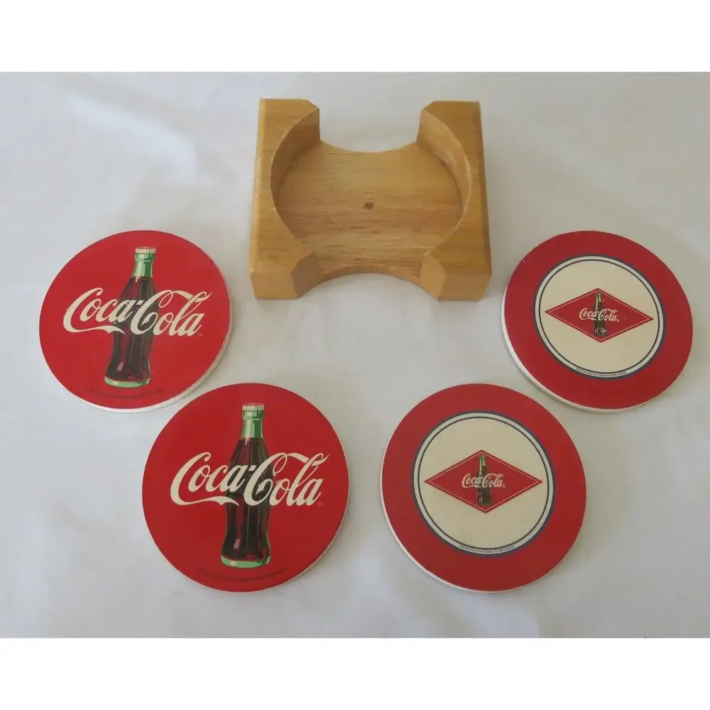 Vintage COCA COLA COKE Coasters in Wood Holder Stone Cork Set of 4 Soda Drinks